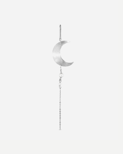 Half Moon Earring with pearl chain Right Silver