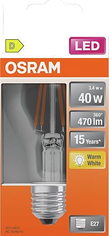 Osram led lyspære e27 classic a40 470lm klar varmhvit