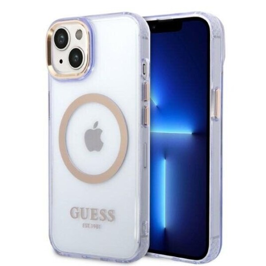 Guess iPhone 14 Lilla Hardt Deksel med Gull Outline og MagSafe