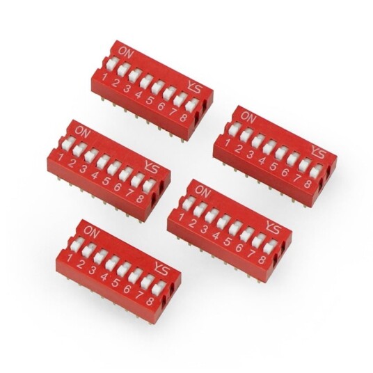 DIP bryter 8 polet rød 2,54 mm raster 5 stk