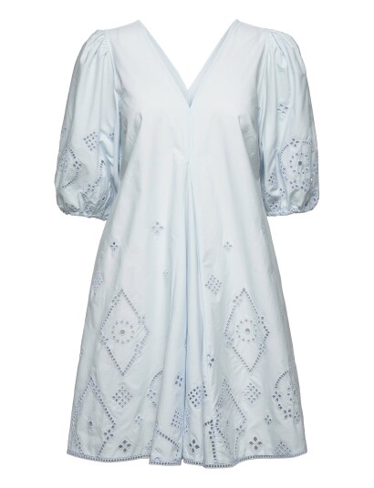 GANNI Broderie Anglaise Puff Sleeve Mini Dress   Blue   40