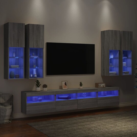 Vegghengte TV benker med LED 7 stk grå sonoma Vegghengte TV benker med LED 7 stk grå sonoma