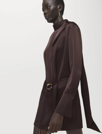 Mango Satin Dress With Foulard Brown XL Mango Satin Dress With Foulard Brown XL