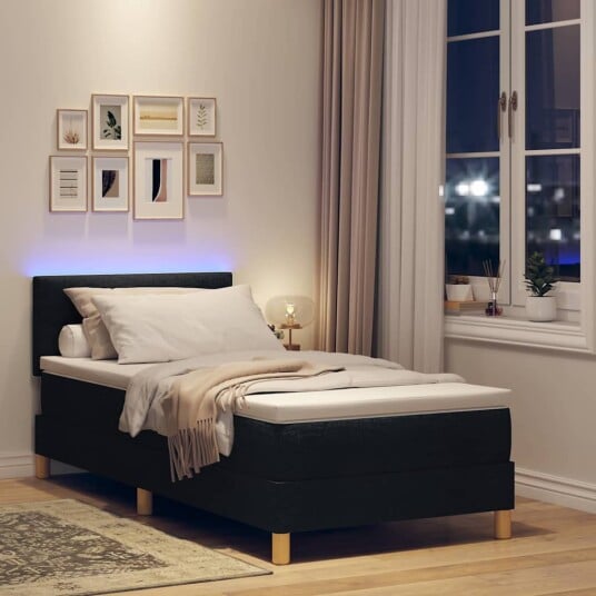 Box Spring Seng med Madrass & LED Svart 100x200 cm Stoff