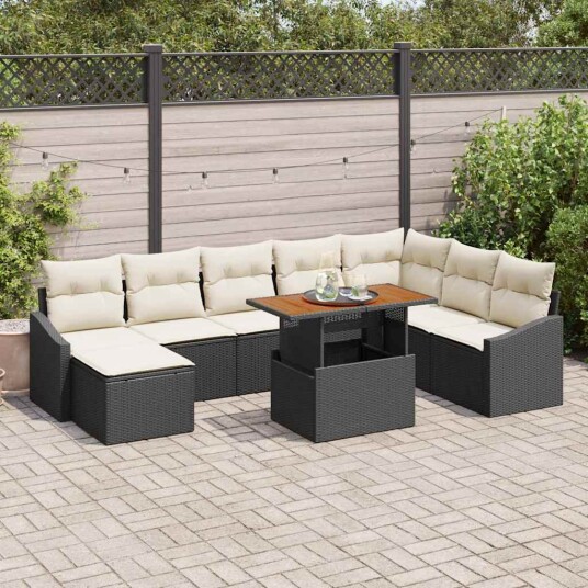 Hagesofa Set med lagring 9 pcs Svart Poly rattan