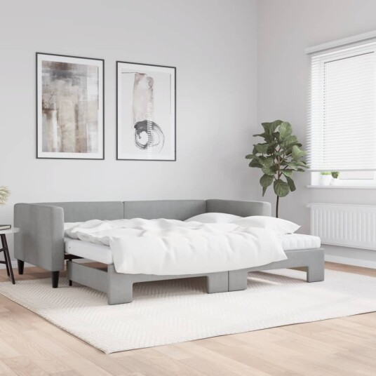  Uttrekkbar dagseng med madrass lysegrå 90x190 cm stoff