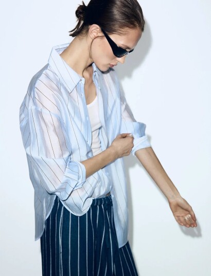 Mango Striped Lyocell Shirt   Blue   XS