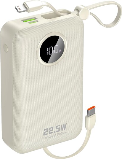 Dudao K14+ Powerbank 20000 mAh 22,5 W Usb-C / Usb-A Innebygde Kabler Lightning Og Usb-C Hvit