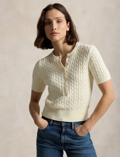 Polo Ralph Lauren Mini Cable Short Sleeve Henley Sweater Cream L
