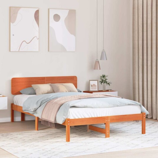  Sengestel med hodegjerde Vokset brun 135x190 cm Solid furu