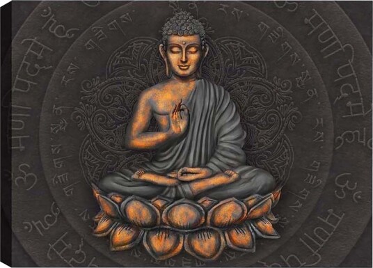 Lerretsbilde Buddha i meditasjonsposisjon på en lotusblomst Grå / Oransje / Svart