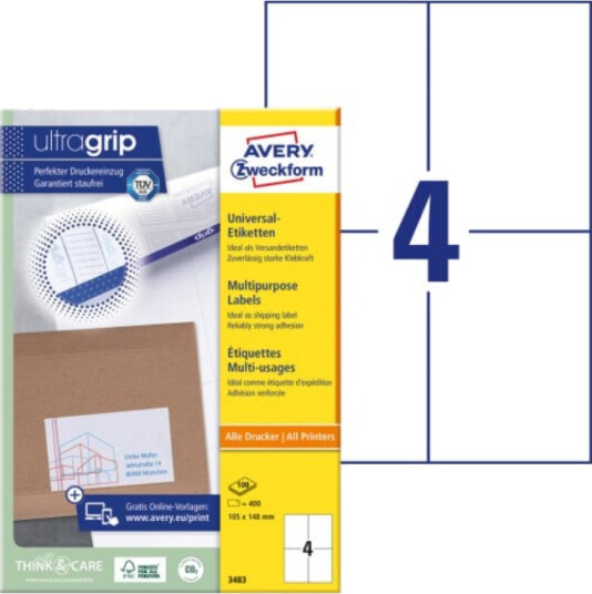 Avery Universaletiketter, 105 x 148 mm, 400 Etiketter, Hvit
