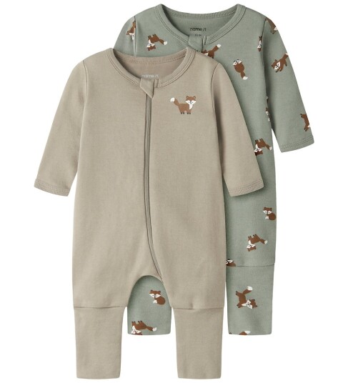 Name It NbmNightsuit 2-pakning Nattdrakt med Fox Motif Khaki Grønn 98