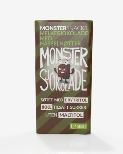 Monster Lavkarbo Belgisk Melkesjokolade m/Hasselnøtt 85g - UTEN MALTITOL Monster Lavkarbo Belgisk Melkesjokolade m/Hasselnøtt 85g - UTEN MALTITOL