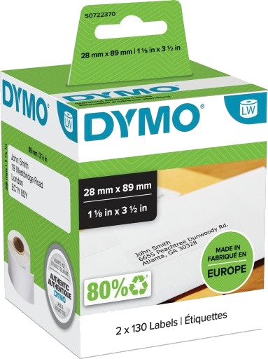 DYMO LW adresseetiketter, 28mm x 89mm, selvklebende, ruller med 130, 2-pakk (260 stk. i alt), original