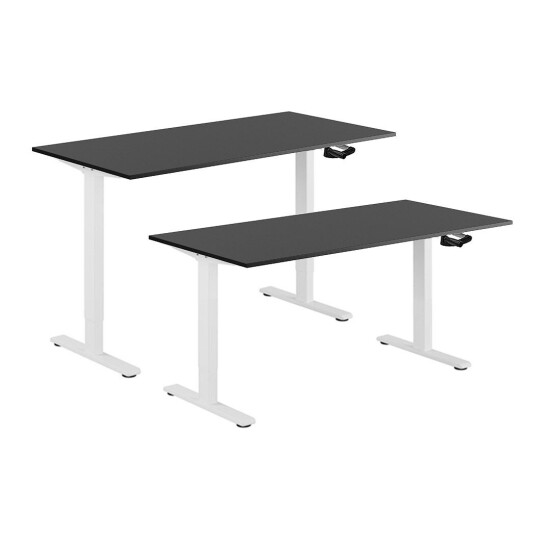 Design Studio Hev Og Senkbart Skrivebord, Sveiv, Hvit Stativ, Svart Bordplate, 10 Størrelser