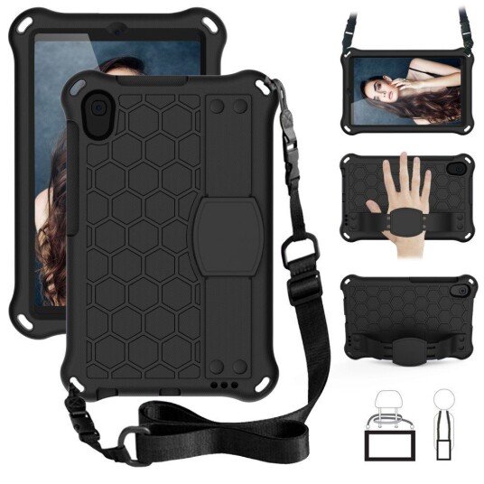 INCOVER Samsung Galaxy Tab A 8.4 (2020) Barn Deksel med Bikubemønster & Skulderstropp - Svart INCOVER Samsung Galaxy Tab A 8.4 (2020) Barn Deksel med Bikubemønster & Skulderstropp - Svart