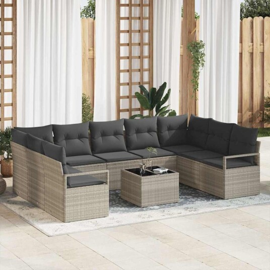 10-delt Hagemøbel Sofa Sett med Puter Grå Poly Rattan