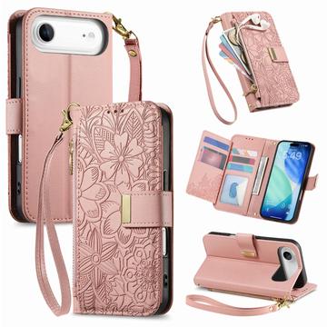 iPhone Air lommebokveske med blomster- og bladmønster, glidelåslomme og håndleddsstropp Rosa