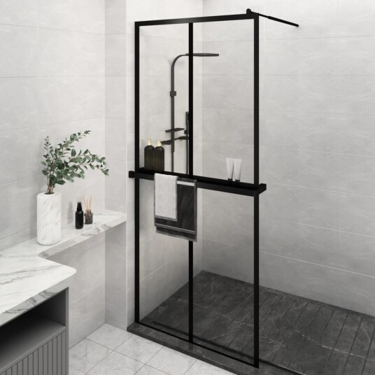 Dusjvegg med hylle svart 100x195 cm ESG-glass og aluminium