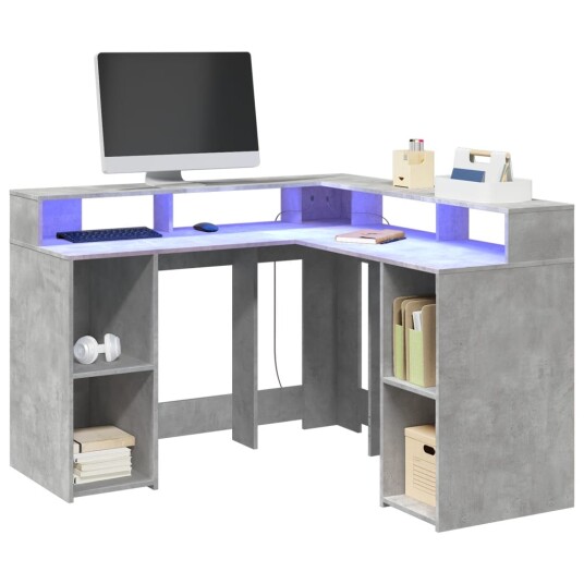 Skrivebord med LED-lys betonggrå 130x130x91 cm konstruert tre