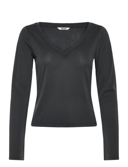 Monki Long Sleeved V Neck Top Black XL