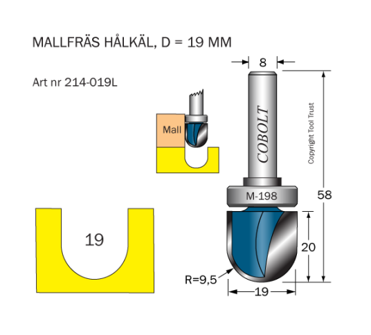 Cobolt 214-019L Hulkilfres R=9,5 D=19 L=20, Maskintilbehør & forbruk