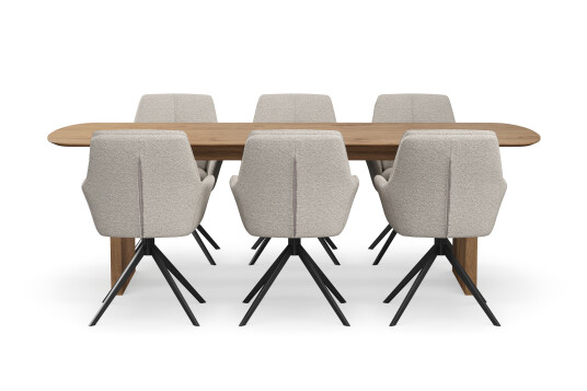 Richeto Spisegruppe 240 cm med 6 Torsby Snurrestoler   Naturlig finish/Mørk beige