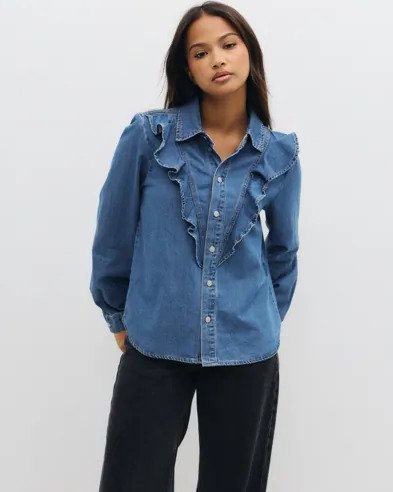 Pieces - Blå - Pceva Ls Ruffle Shirt Dnm