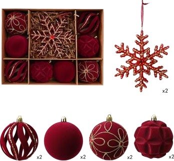 Julekule-/snøfnugg-pyntesett med flokkbelegg – 8cm/16cm – 10 stk. – Rød Julekule-/snøfnugg-pyntesett med flokkbelegg – 8cm/16cm – 10 stk. – Rød