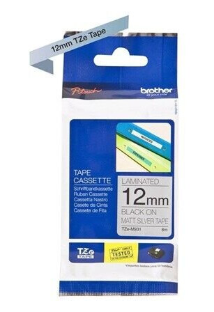 Brother TZEM931 / Black On Matte SilverRoll (1.2 cm x 8 m)