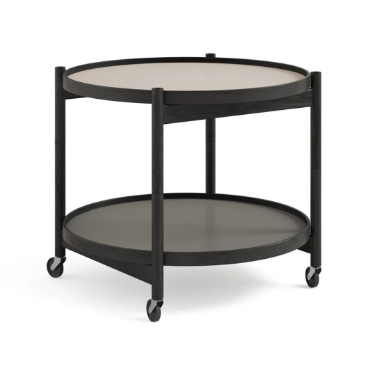 Brdr. Krüger Bølling Tray Table model 60 rullebord stone, sortlakkert eikestativ Brdr. Krüger Bølling Tray Table model 60 rullebord stone, sortlakkert eikestativ