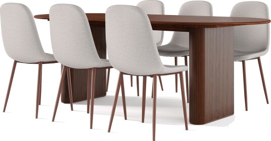 Noira Ovalt Spisebord 220 cm Valnøtt + 6 Nibe stol beige med valnøttben - Brun/Beige