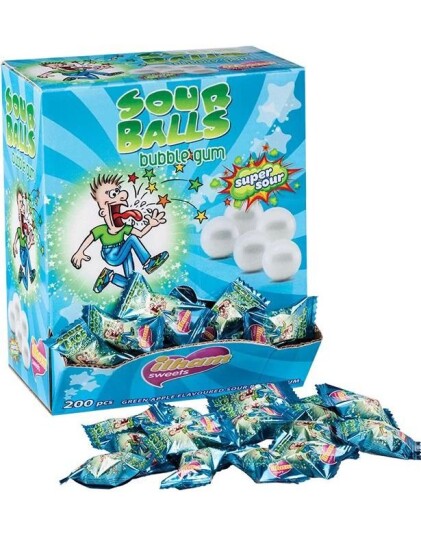 200 stk Ilham Sour BallSupersure Tyggegummikuler med Eplesmak Hel Eske 920 gram