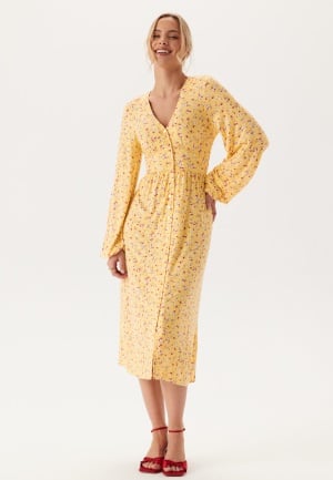 BUBBLEROOM Midi Button Volume Sleeve Dress Light yellow/Patterned L