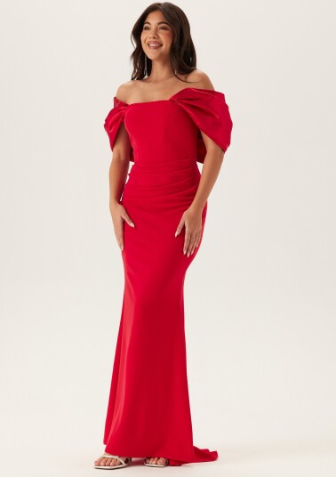 Goddiva Bardot Satin Bow Back Maxi Dress Goddiva Bardot Satin Bow Back Maxi Dress