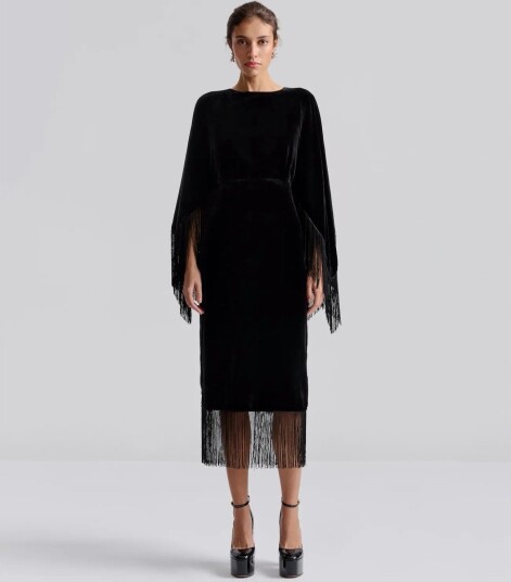 Malina Tara Fringe Velvet Midi Dress Black 36