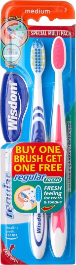 Wisdom Fresh Regular Medium Tannbørster med Tungeskrape  Medium  2 stk.