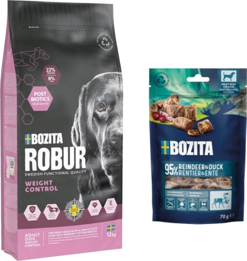 Bozita Robur Tørrfôr Adult + Meaty Bites Med Reinsdyr Og And På Kjøpet Light Kylling 7.5 kg 12 kg 2 X 70 G 12 kg