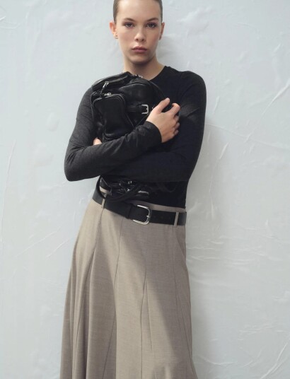 Mango A Line Skirt With Godets And Belt   Grey   36