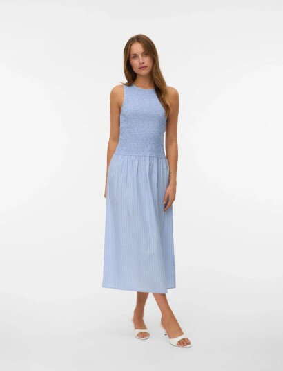 Vero Moda Vmleya Sl 7/8 Stripe Smock Dress Wvn   Blue   XS