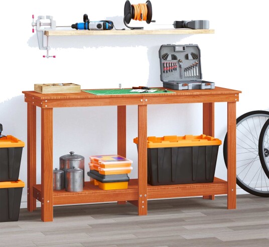 Arbeidsbenk Med Hylle Voksbrun 140x50x80cm Massiv Furu