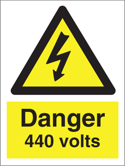 Jo Safety Danger 440 Volts Photoluminescent Self Adhesive Vinyl PV NM 200 x 150 mm IMO 107038PVNM