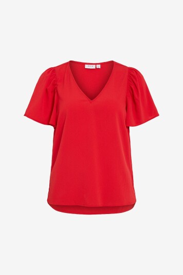 Vila - Topp viMathilde S/S V-neck Flounce Top - Rød