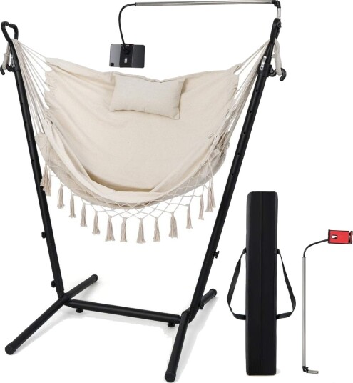 Justerbar hengestol med stativ – beige, 250 kg kapasitet