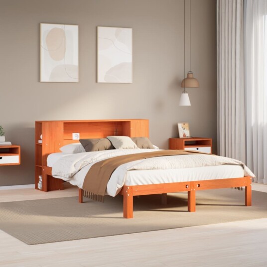 Seng med bokhylle uten madrass voksbrun 140x200 cm heltre furu 8721158613165