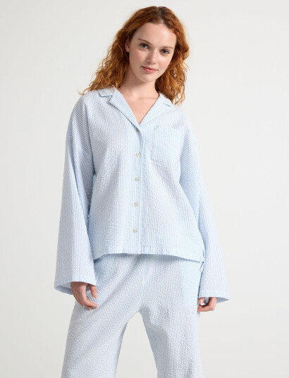 Lindex Pyjama Shirt Seersucker - Blue - S Lindex Pyjama Shirt Seersucker - Blue - S