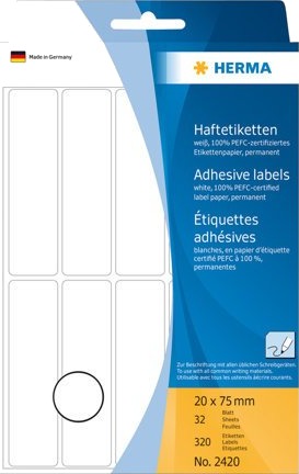 Herma   Permanet Adhesiv   Hvit   20 X 75 Mm 320 EtikettEr 32 Ark X 10 Merkelapper