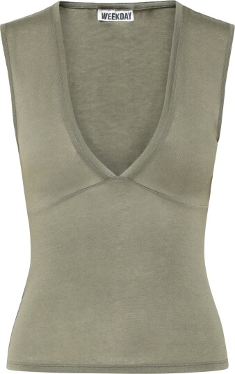 Weekday Fitted V Neck Sleeveless Top Khaki green XS