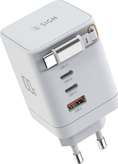 SiGN Kraftig 100W USB-C-lader med forlengelseskabel for Macbook, ASUS, HP osv. Hvit
